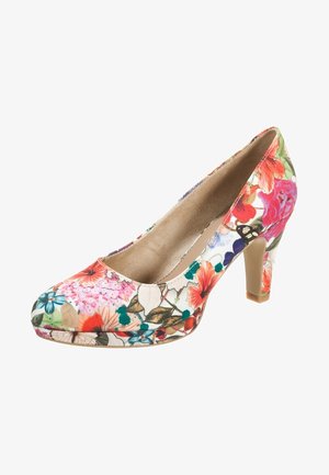Soulier à talon haut pour femmes, à motif floral avec des fleurs multicolores, un talon beige et un intérieur beige.