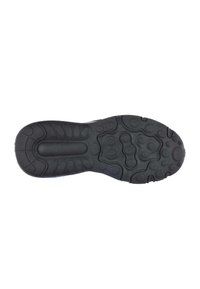 Suola di scarpa in gomma nera con motivo di grip testurizzato, sezioni curve e una scanalatura centrale. Superficie liscia con accenti circolari in rilievo.