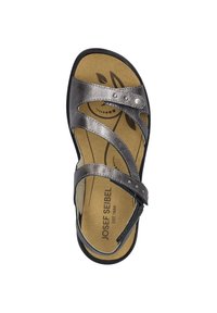 Grey leather sandal with three adjustable straps, decorative silver studs, and cushioned footbed featuring a leaf pattern.
