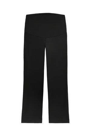 Pantaloni neri a gamba larga realizzati in un tessuto morbido e elasticizzato. Presentano una vita alta e un design semplice e privo di decorazioni.