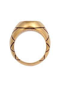 Anello in metallo dorato con una superficie liscia e arrotondata, caratterizzato da elementi angolari, che mette in mostra una finitura lucida e elementi di design geometrici.