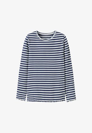 Langarmoberteil mit einem navy- und weißen horizontalen Streifenmuster, geripptem Texture und einem abgerundeten Halsausschnitt sowie einem leicht gezackten Saum.