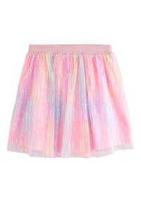 Tulle skirt with a pink elastic waistband, featuring iridescent vertical stripes in pastel shades of pink, blue, and lavender.