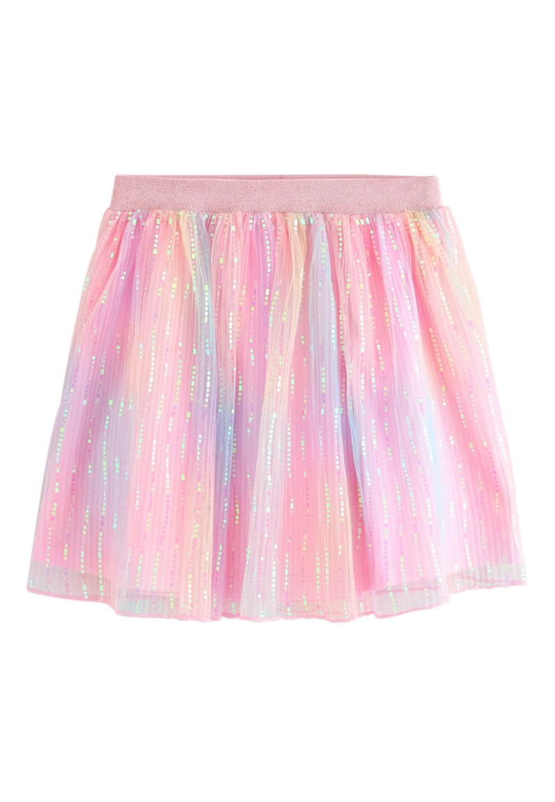 Tulle skirt with a pink elastic waistband, featuring iridescent vertical stripes in pastel shades of pink, blue, and lavender.