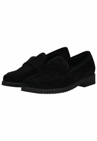 Mocassini in suede nero con suola piatta, caratterizzati da un design trapuntato e una fascia prominente sulla parte superiore. Texture liscia e accenti minimi.