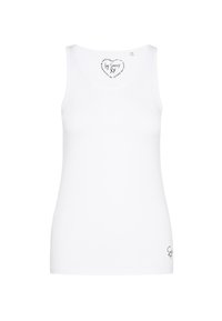 Camiseta sin mangas blanca con cuello redondo, fabricada en un tejido suave. Presenta un pequeño logotipo en la parte inferior y una etiqueta impresa en el interior del cuello.