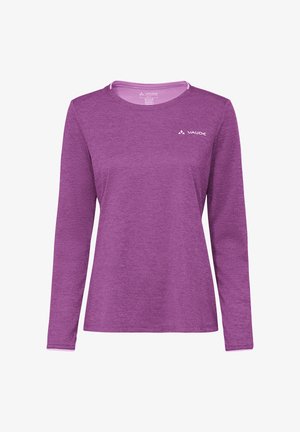 Chemise de sport violette à manches longues pour femmes, col rond, avec le logo Vaude sur le haut à gauche de la poitrine.