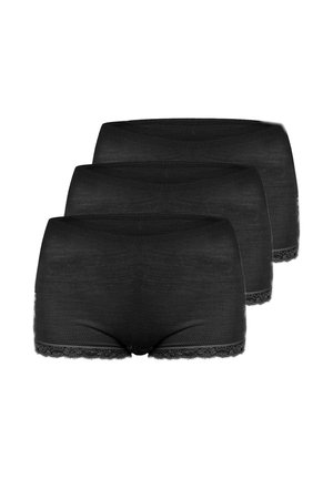 Drei nahtlose Boyshorts für schwarze Frauen mit Spitzensaum an den Beinöffnungen, in gestapelter Formation angeordnet.