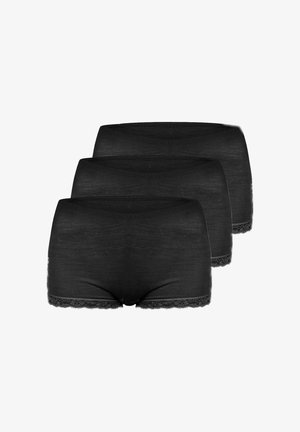 Drei nahtlose Boyshorts für schwarze Frauen mit Spitzensaum an den Beinöffnungen, in gestapelter Formation angeordnet.