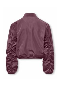 Veste bombardier bordeaux avec détail de manches froncées, col côtelé et taille élastique. Tissu lisse et brillant avec une coupe raccourcie.