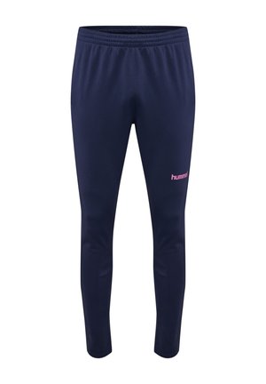 Ciemnoniebieskie sportowe spodnie o dopasowanym kroju z elastycznym pasem oraz małym różowym logo "hummel" na górnej części uda.