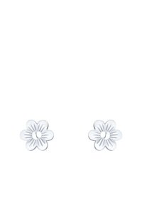 Weiße blumenförmige Ohrringe mit gravierten Blütenblattdetails und einer zentralen Perle. Glatte Textur und symmetrisches Design.