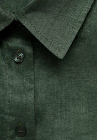 Camicia di lino verde scuro con colletto a punta, dotata di chiusura con bottoni sul davanti e tessuto testurizzato con lievi variazioni.