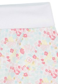 Baumwoll-Leggings mit einem pastellfarbenen Blumenmuster in Pink, Gelb und Hellblau sowie einem weißen elastischen Bund.