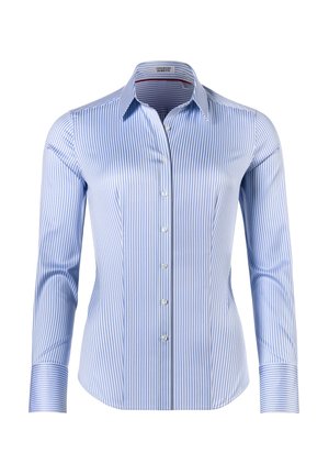 Camicia a maniche lunghe a righe verticali blu chiaro e bianche, con colletto a punta e polsini a righe contrastanti. Tessuto con una texture liscia.