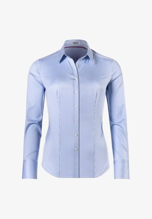 Lichtblauw en witte verticaal gestreepte overhemd met lange mouwen, knoopsluiting en een puntige kraag, met contrasterende gestreepte manchetten. Soepele stoftextuur.