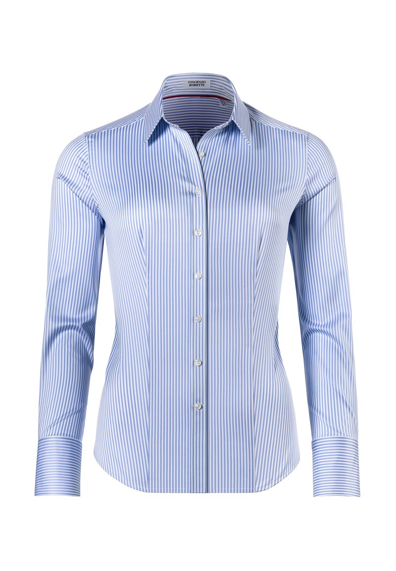 Camicia a maniche lunghe a righe verticali blu chiaro e bianche, con colletto a punta e polsini a righe contrastanti. Tessuto con una texture liscia.