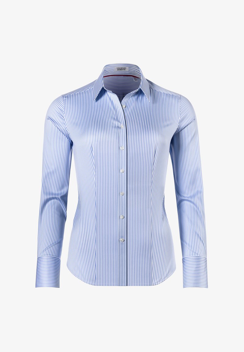 Camicia a maniche lunghe a righe verticali blu chiaro e bianche, con colletto a punta e polsini a righe contrastanti. Tessuto con una texture liscia.