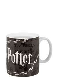 Tazza in ceramica con superficie nera opaca, con testo bianco "Harry Potter" e motivi sottili. Manico elegante, forma cilindrica.