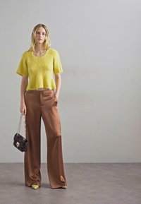 Bright yellow fuzzy short-sleeve sweater, paired with high-waisted brown wide-leg trousers, and green pointed-toe heels. Black patterned handbag.