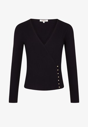 Schwarzes geripptes Langarmoberteil mit V-Ausschnitt, dekoriert mit goldenen Knopfakzenten auf der linken Seite. Weiche Textur, taillierte Form.