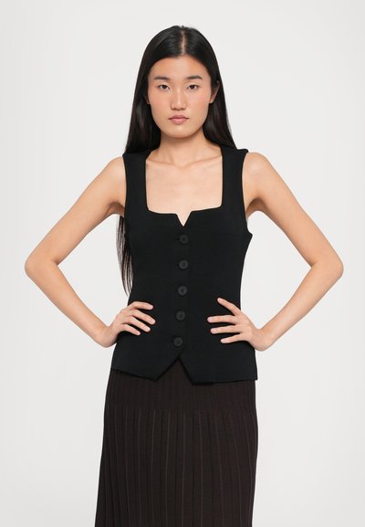 Black sleeveless vest featuring a square neckline, six front buttons, a tailored fit, and a slight V-shape at the hem. Solid texture.