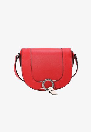Red leather crossbody bag with a curved shape, metallic circular hardware, and black accents. Smooth texture with a flap closure.
