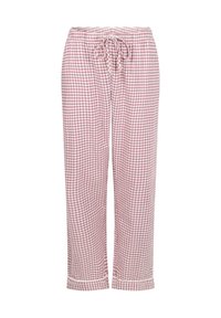 Κόκκινο και άσπρο παντελόνι πιτζάμας με σχέδιο καρό, με ελαστική μέση και κορδόνι. Το ύφασμα είναι ελαφρύ με γυρισμένα τελειώματα.
