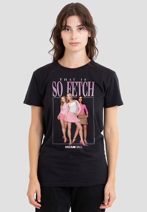 Schwarzes T-Shirt mit einem Grafikdruck von drei Frauen in rosa Outfits, mit dem Text "DAS IST SO FETCH" darüber und "MEAN GIRLS" darunter.
