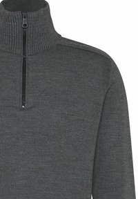 Harmaa vetoketjullinen neule, jossa korkea kaulus. Ominaisuuksiin kuuluu ribbineulos ja musta vetoketju. Yksinkertainen, istuva malli ja pitkät hihat.