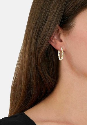 Orecchini ad anello intrecciati in tonalità d'argento e oro, con una texture a treccia. Dimensioni piccole, design leggero, adatti per l'uso quotidiano.