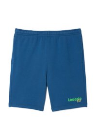 Bermudas de mezcla de algodón en color azul con una cinturilla elástica, bolsillos laterales y detalles del logo de Lacoste en verde en la parte inferior derecha.