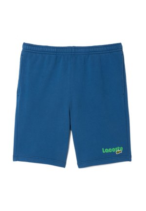 Bermudas de mezcla de algodón en color azul con una cinturilla elástica, bolsillos laterales y detalles del logo de Lacoste en verde en la parte inferior derecha.