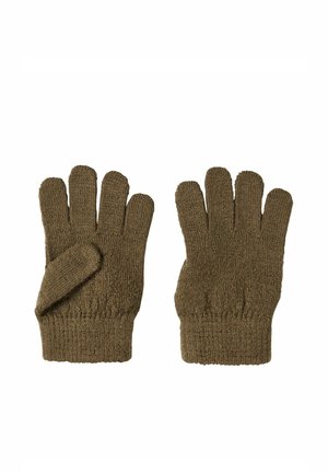 Gestrickte Handschuhe in Olivgrün mit strukturiertem Muster. Verfügen über fünf Fingerfächer und eine gerippte Manschette für eine enge Passform.