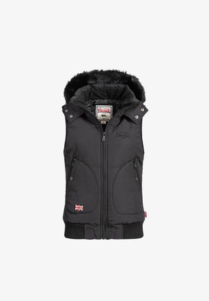 Mustat vuoratut liivit, joissa on tekoturkis huppu, kaksi etutaskua, ribbivartalo ja pieni Union Jack -lipputunnus sivussa.