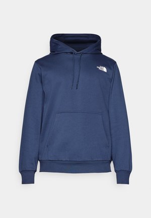 Navy blue hoodie made of soft fabric, featuring a front kangaroo pocket, adjustable drawstring hood, and a small white logo on the chest.