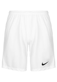 Pantalones cortos deportivos blancos hechos de tela ligera, con una cintura elástica y un pequeño logo negro de Nike en la parte inferior derecha.