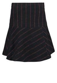 Jupe noire avec un design évasé, ornée de rayures diagonales rouges et blanches. Fabriquée en tissu texturé, elle possède une taille structurée.