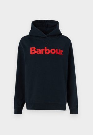 Tengerészkék kapucnis pulóver hosszú ujjakkal, a mellkas közepén piros "Barbour" felirattal.