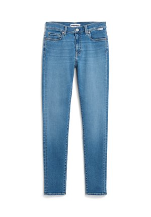 Blaue Skinny Jeans mit fünf Taschen, Knopf- und Reißverschluss, und ArmandAngels-Label am Bund.