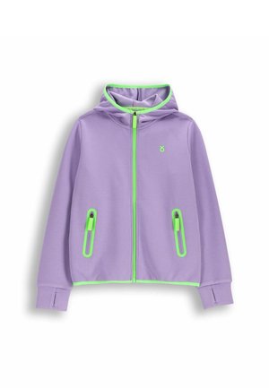 Fioletowa bluza z kapturem na zamek z zielonym obszyciem, zielonym zamkiem, dwoma przednimi kieszeniami na zamek i otworami na kciuki przy mankietach.
