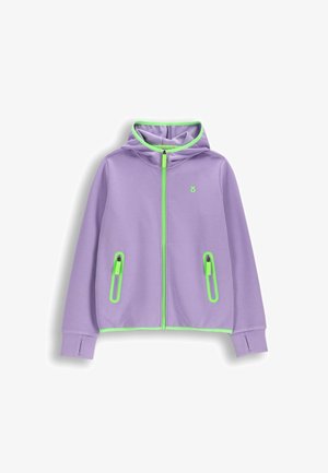 Fioletowa bluza z kapturem na zamek z zielonym obszyciem, zielonym zamkiem, dwoma przednimi kieszeniami na zamek i otworami na kciuki przy mankietach.