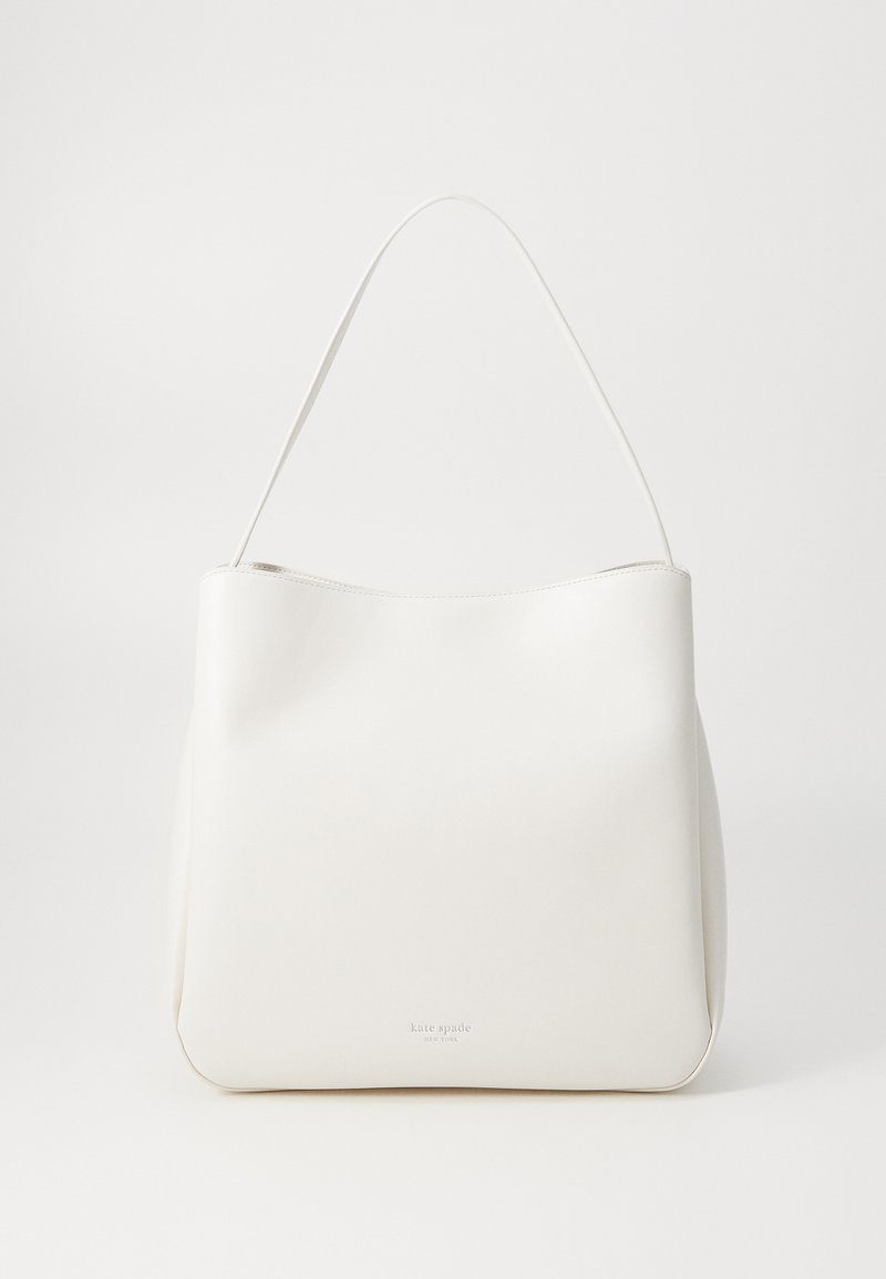 White leather shoulder bag with a smooth texture, a single strap, and subtle logo detail on the bottom. Minimalist design.