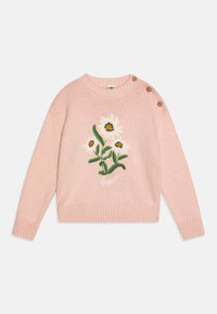 Light pink knitted sweater featuring embroidered white flowers with yellow centers. Ribbed cuffs and hem, with decorative buttons on the shoulder.