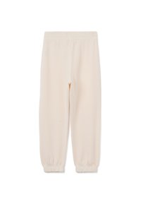 Beige Sweatpants aus Baumwolle mit elastischem Bund und Bündchen, mit glatter Textur und schmal zulaufendem Bein.