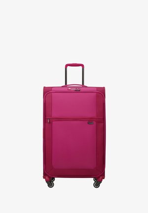 Pink rolling suitcase with a hard exterior, a telescopic handle, and four wheels. Features a front zippered pocket and logo detail.