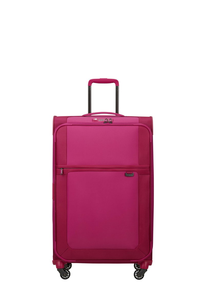 Pink rolling suitcase with a hard exterior, a telescopic handle, and four wheels. Features a front zippered pocket and logo detail.