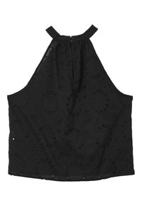 Top senza maniche nero con colletto alto e chiusura a bottoni. Presenta motivi floreali ricamati e dettagli con ritagli in tutto il capo. Tessuto leggero.