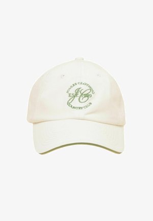 Cappellino da baseball color panna con monogramma "JC" ricamato in verde e testo "Joules Clothing Est. 1989 Country Club" sul davanti.