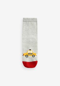 Gestreifte Socke in Grau und Weiß mit einem gelben Taxi-Grafik. Hat einen roten Akzent an der Zehe. Das Material wirkt weich und elastisch.